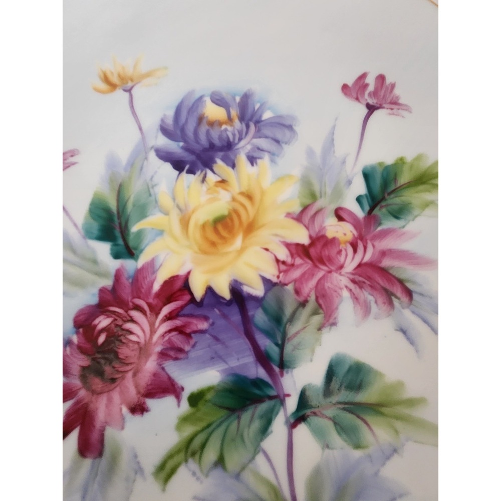 8" Vintage Hand Painted Flowers Gold Trim Collector Plate Meadow Chrysanthemums